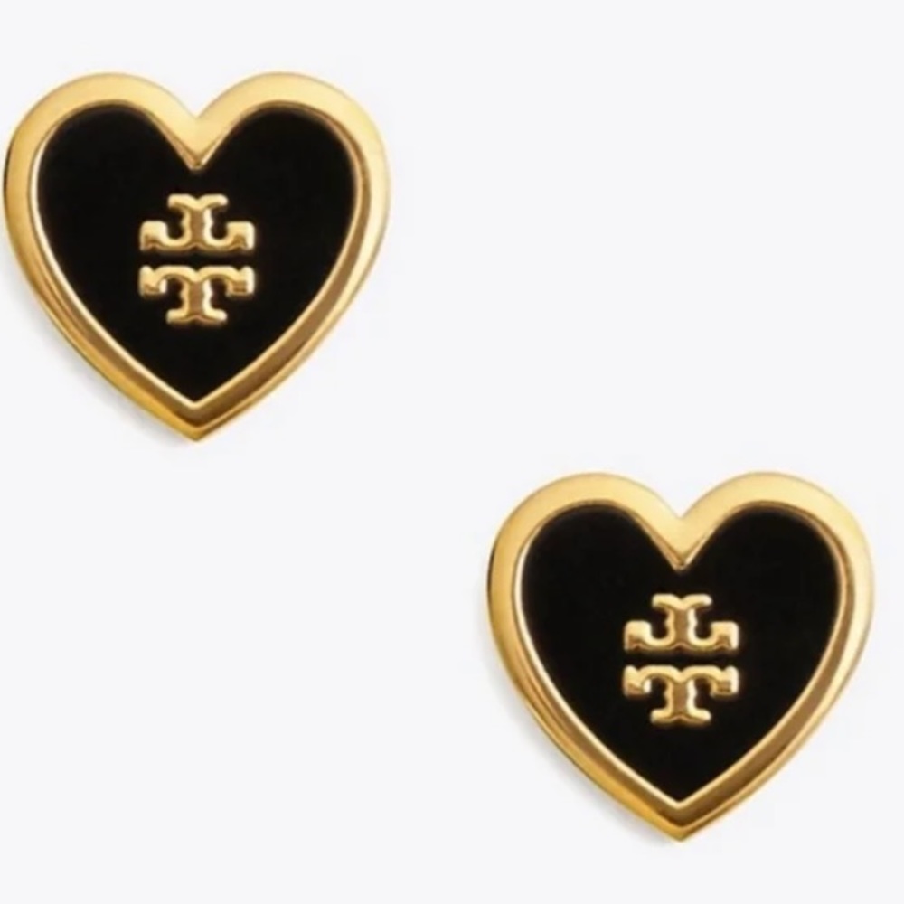 Tory Burch Heart Logo Two Gold and Black Lacquered Stud Earrings
